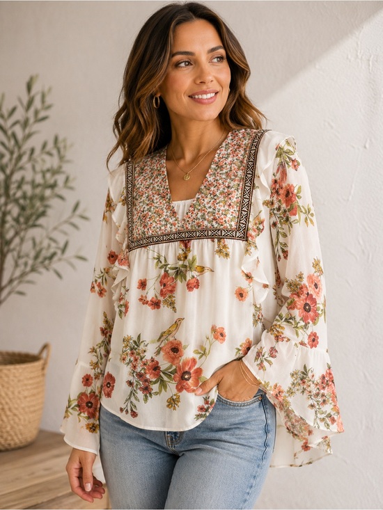 My Danielle Tops - Boho Floral V-Neck Peasant Blouse in Ivory and Coral